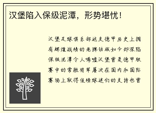 汉堡陷入保级泥潭，形势堪忧！
